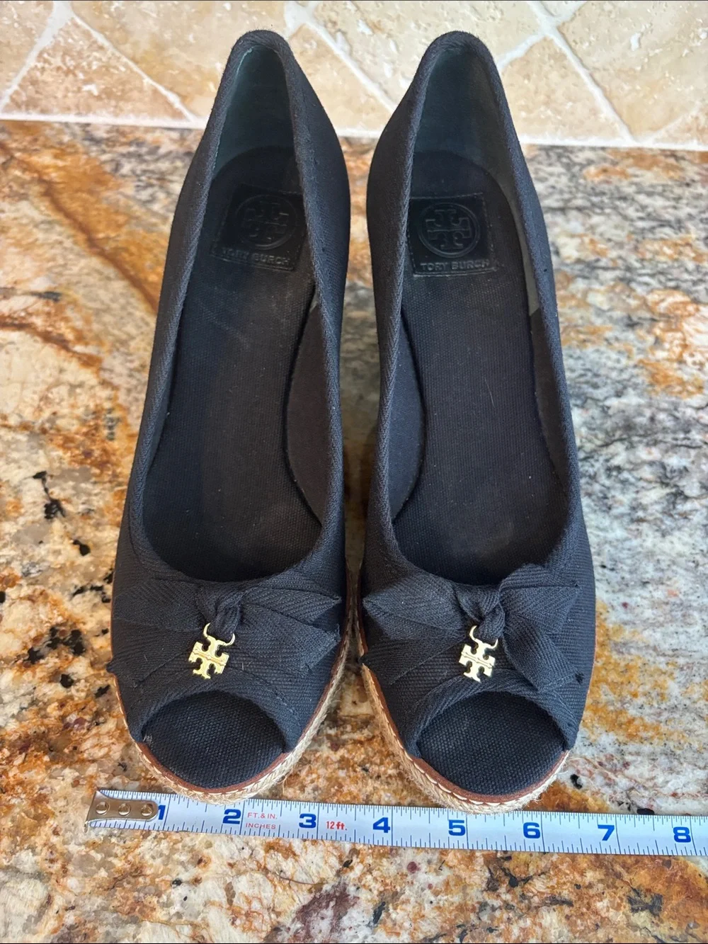 Tory Burch Black Espadrille Wedge Peep-Toe Pumps with Gold Logo